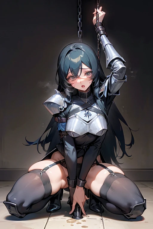 Only One Woman、Ichinose Uruha、Black Hair、Long Hair、Medium sized 、female knight、Wearing black armor、Wearing stockings、garter belt、Urinating in the city、Leaning forward、Spread your legs、Crouching、Open your arms、shortness of breath、Open your mouth、Watery eye、Spilling urine from the crotch、Front of the body、Handcuffs、Bondagessed、Bound in chains