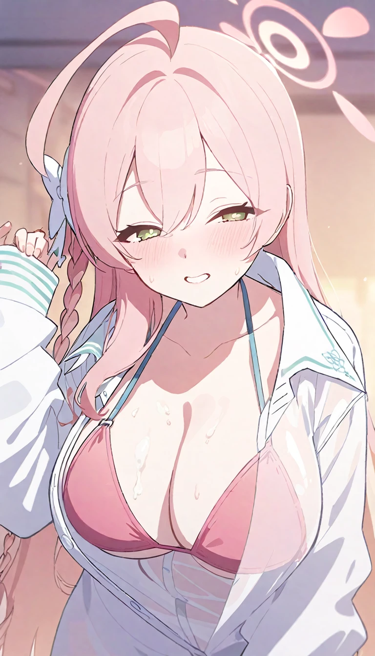Hanako-default, Hanako \(blue archive\), one side up, halo, white shirt, swimsuit, shirt, see-through shirt, see-through cleavage, see-through, pink bikini, oversized shirt, oversized clothes, cleavage, bikini under clothes, bikini, cum