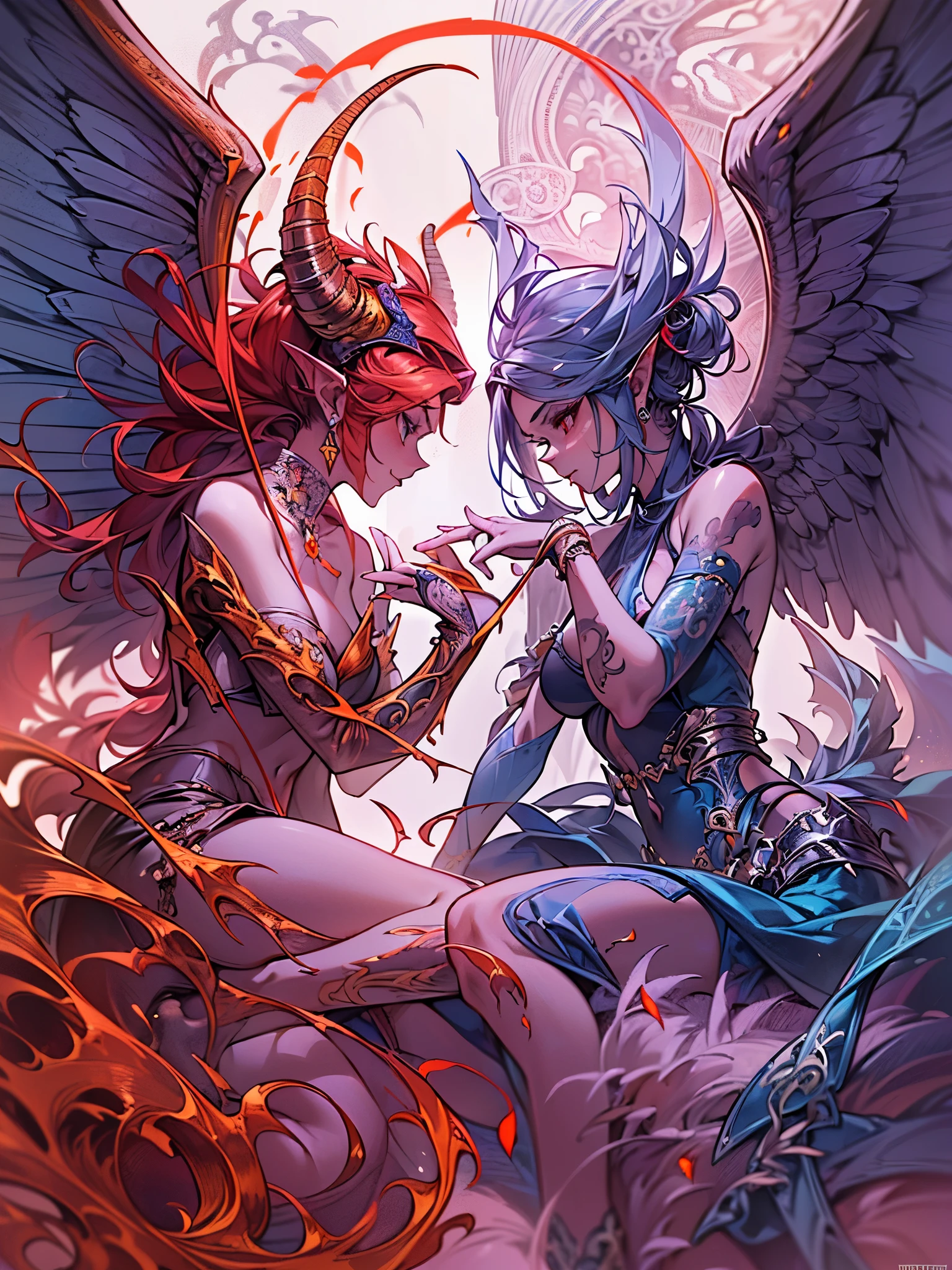 ((highest quality)),(Ultra-high resolution),(Very detailed),(Detailed Description),((The best CG)),(A masterpiece),Ultra-precise art,Amazing drawing art,(Fantasy art with intricate detail:1.5), (Female devil and female angel:1.5),Justice and evil:1.6,Red and Blue:1.5,yin and yang:1.5