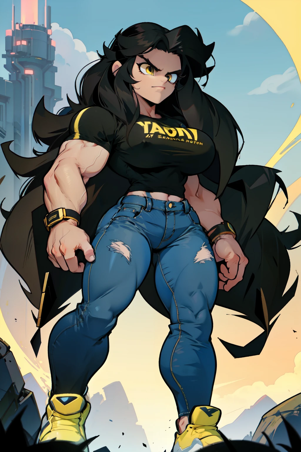 1 girl muscular pale skin muscular muscular muscular black hair yellow eyes huge breasts muscular muscular long hair long hair long hair long hair long hair huge breasts long hair long hair long hair long hair muscular muscular tight shirt tight pants