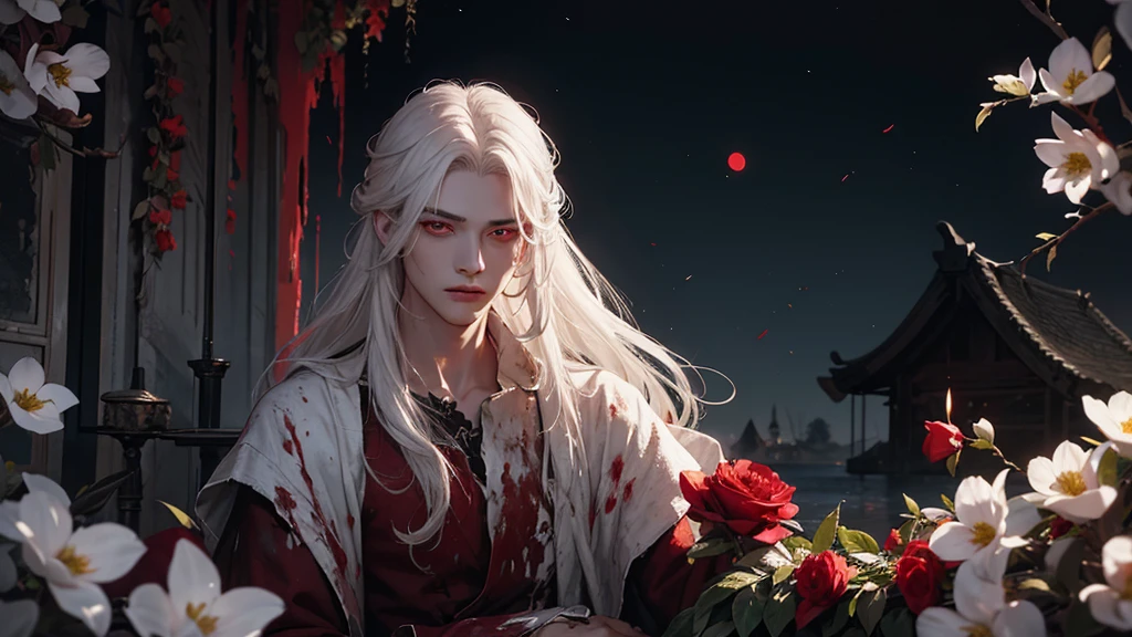 A young man with a slightly effeminate face and long white hair, bathing in blood at night by moonlight, his red eyes illuminated by the moonlight, wet clothes, red and white flowers, ruins, greenery, nature, detailed face, detailed body, detailed eyes, black eyebrows, lots of blood.