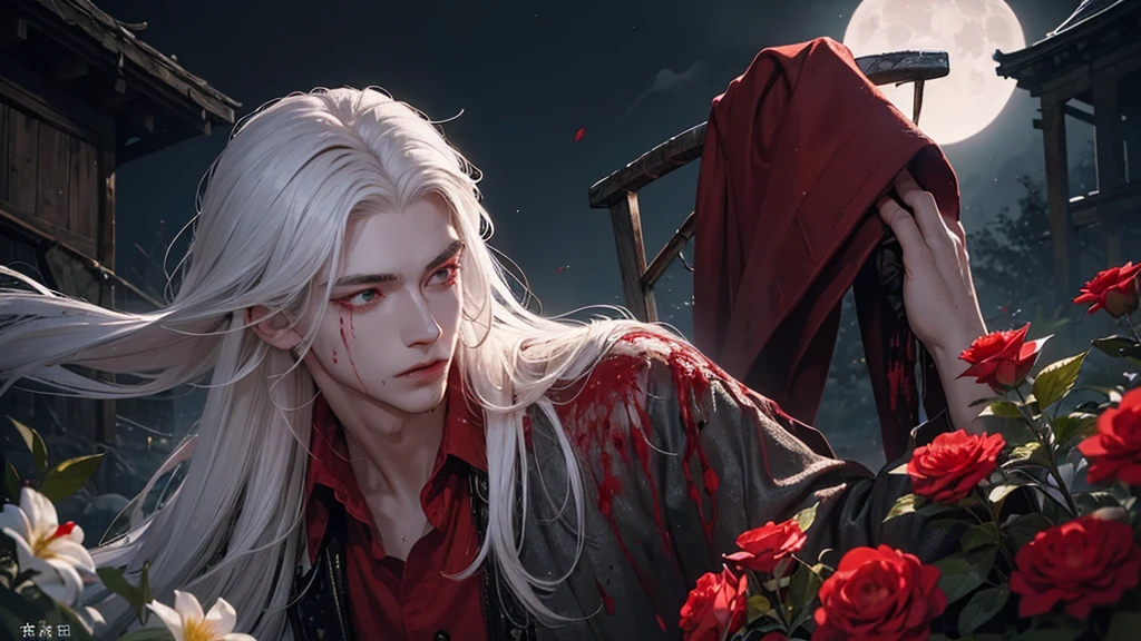 A young man with a slightly effeminate face and long white hair, bathing in blood at night by moonlight, his red eyes illuminated by the moonlight, wet clothes, red and white flowers, ruins, greenery, nature, detailed face, detailed body, detailed eyes, black eyebrows, lots of blood.