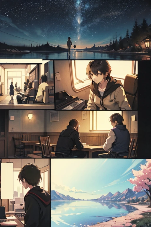 comic strip，Cartoon Split，Exceptional，Storyboard，Masterpiece, Anime college student standing under a cherry blossom tree on campus, Bright starry sky. romantic couple, Makoto Shinkai's picture, Pisif, concept-art, Lofi art style, Reflection. By Makoto Shinkai, Lofi art, beautiful anime scenes, Anime landscape, Detailed scenery —width 672, in the style of makoto shinkai, Makoto Shinkai's style, Enhanced detail.