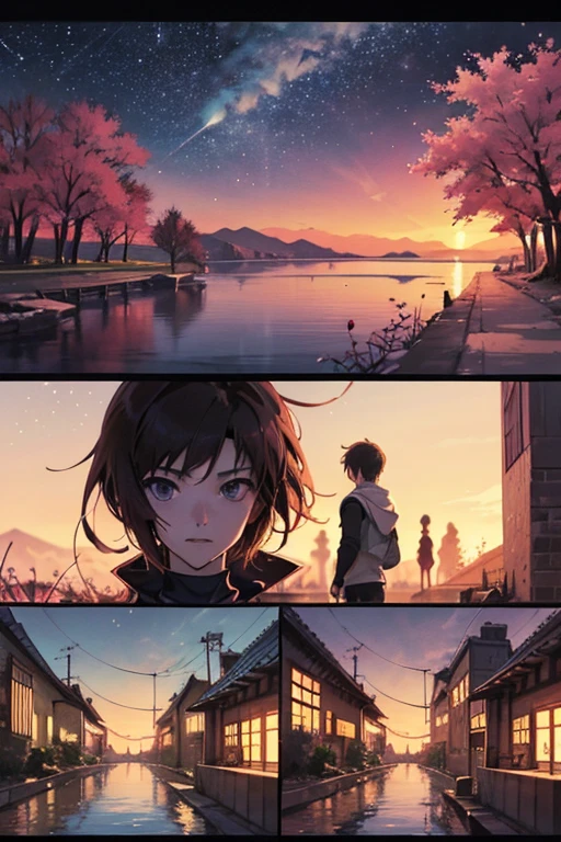 comic strip,Cartoon Split,Exceptional,Storyboard,Masterpiece, Anime college student standing under a cherry blossom tree on campus, Bright starry sky. romantic couple, Makoto Shinkai's picture, Pisif, concept-art, Lofi art style, Reflection. By Makoto Shinkai, Lofi art, beautiful anime scenes, Anime landscape, Detailed scenery —width 672, in the style of makoto shinkai, Makoto Shinkai's style, Enhanced detail.