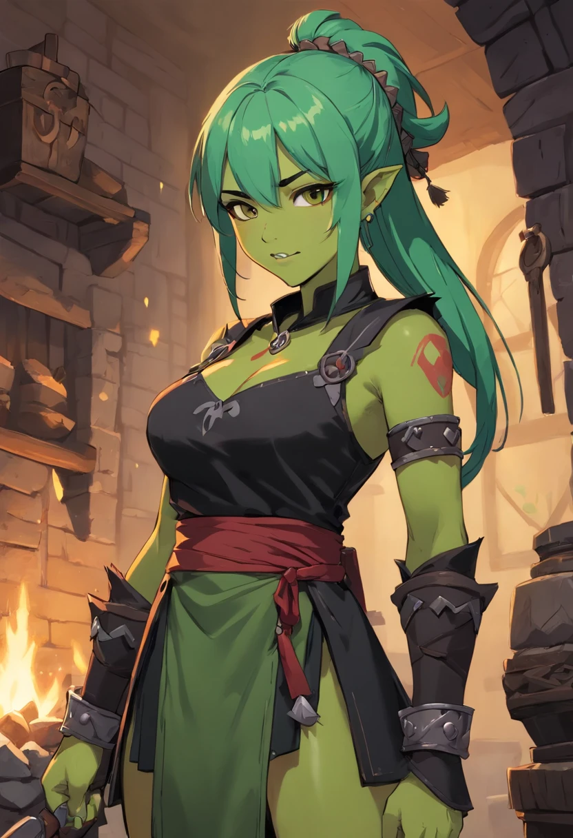 half-orc, green colored skin, Female, Fantastic looks, rpg character, Fantasia Middle Ages, whaite hair, Redness of the eyes, 1.90 height, muskateer, Semi-body shot, a scar, ((Mohawk haircut)), Black boots, full bodyesbian ((full bodyesbian)), Musk, Blacksmith's apron, ((Outfit in black)), ((Dark green skin)), dam, ((Open mouth fangs)), ((high high quality)), ((Half-orc Maduro)), ((Middle age))