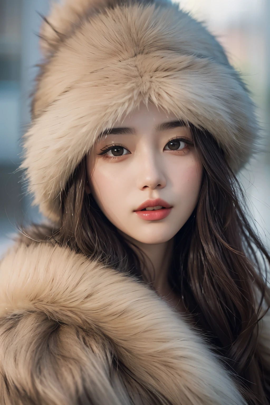 Araped woman wearing fur hat, soft portrait 8k, 8K Art German Bokeh, Stunning young Korean woman, beautiful korean girl, high quality portrait, Beautiful young Korean woman, Korean female fashion model, beautiful girl model, Julia Razumova style, Dil&#39;rabah Dilmurat, Realistic portraits