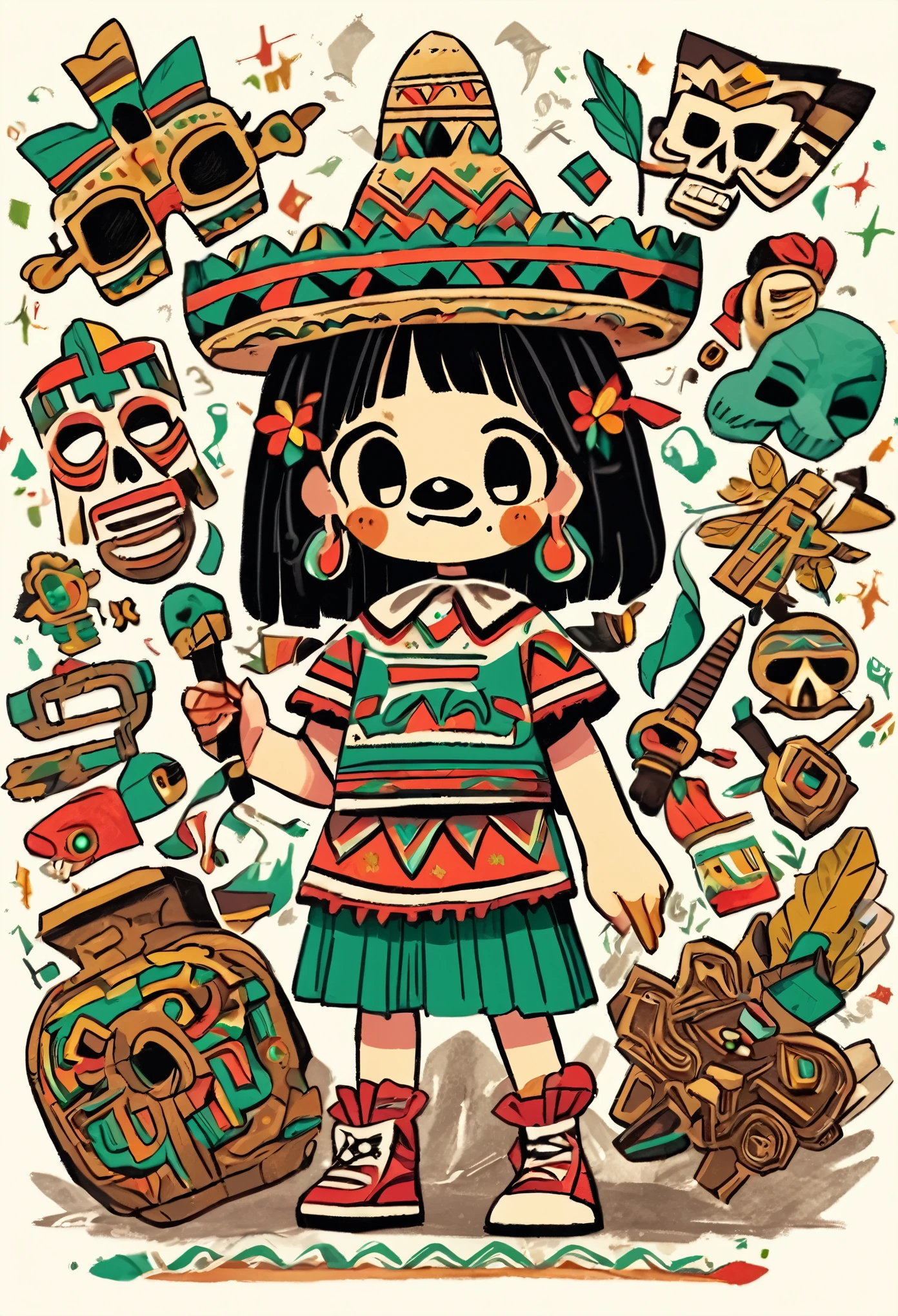Dos personas , one representing someone today and another person with symbolic elements of the pre-Hispanic culture of Mexico , such as masks, religious symbols or ancestral tools.