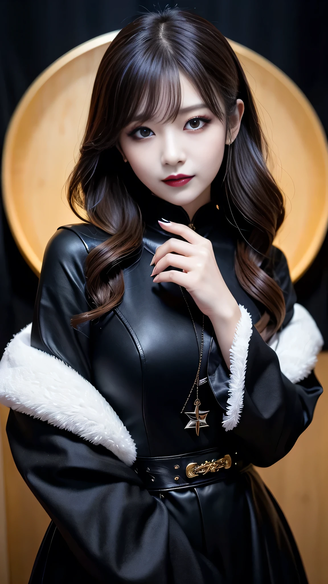One woman、best quality、ultra-detailed、4k、Japanese、Seductive beauty、seductive adult woman、Pretty Woman、cool girl、Villainess、Brainwash、Fallen into evil、smirk、Evil look、Wicked Smile、evil、Brown hair、wavy hair、swept bangs、dark makeup、dark makeup、piercing eyes、hollow eyes,half-closed eyes、Hollow Eyes、Purple Eyeshadow、black lipstick、black lipglos、Long Black Cheongsam、Wide sleeves、night、inside darkroom、Have darkness、Emblem of Evil、Crest of Darkness、Swear allegiance、I have pledged my allegiance、Dye black、Blackening、Stained with evil、Dyed in darkness、Spread your hands、Seduce