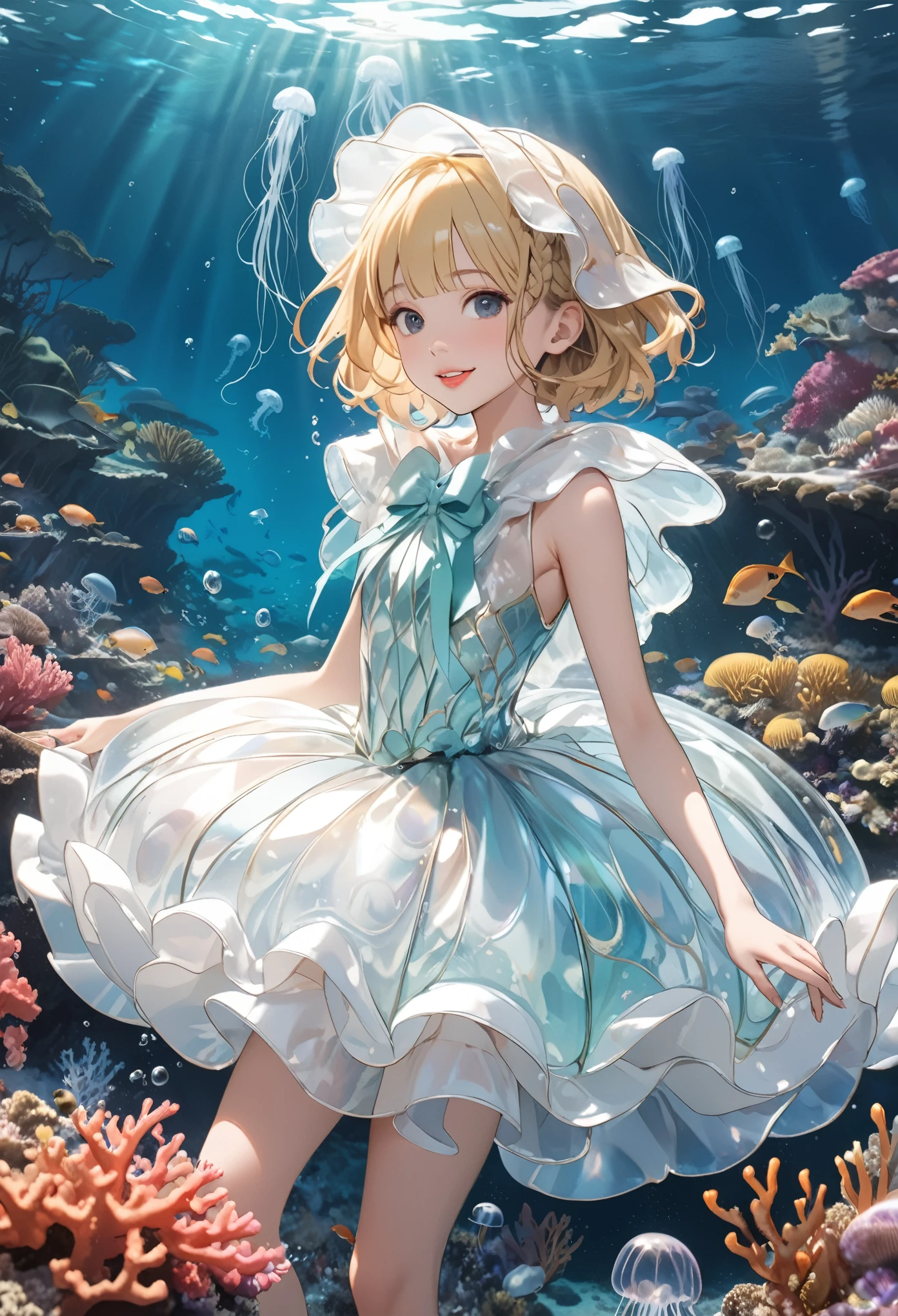 ((Masterpiece)), (Anime:1.3), ((best quality)), (RAW photo: 1.2), (High Definition:1.3), (Professional Photography:1.2), 1princess, ((12 years old)), Castle in the Sea, (jellyfish costume dress:1.4), jellyfish girl, smile, open mouth, (cute posing), (blonde hair:1.3), medium hair, (soft braid:1.3), blunt bangs, hair scrunchie, black eyes, sparkling, (ultra detailed perfect piece:1.2), , illustration, Rising bubbles, bottom of the ocean, (coral reef), in the sea, (thick lips),