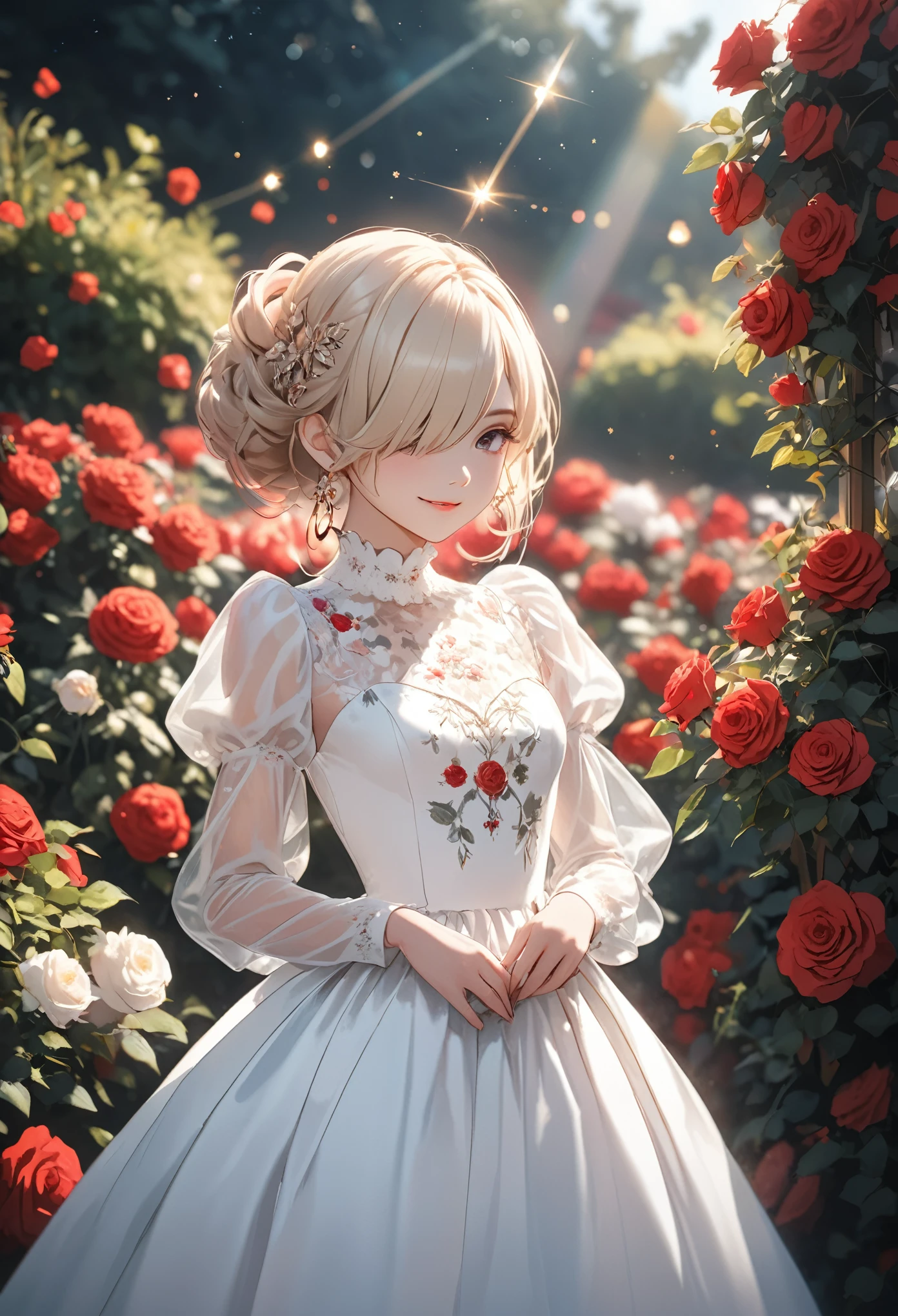 ((Masterpiece)), (Anime:1.5), ((best quality)), (RAW photo:1.2), (High Definition:1.3), (Professional Photography:1.2), (chromatic aberration), 1girl, lens flare, wide shot, Textured skin, cinematic lighting, 1girl, ((Beautiful Gothic Lolita pure-white-Dresses)), (very hoop-dress), Luxury roses embroidery, cute innocent young girl, ((hair over one eye)), Slender and small breasts, (long silky blond hair), (gothic lolita makeup), (super detail), beautiful hair, smile, (cute sparkle), Light particles, stand in beautiful Fantastic garden, (red roses garden)