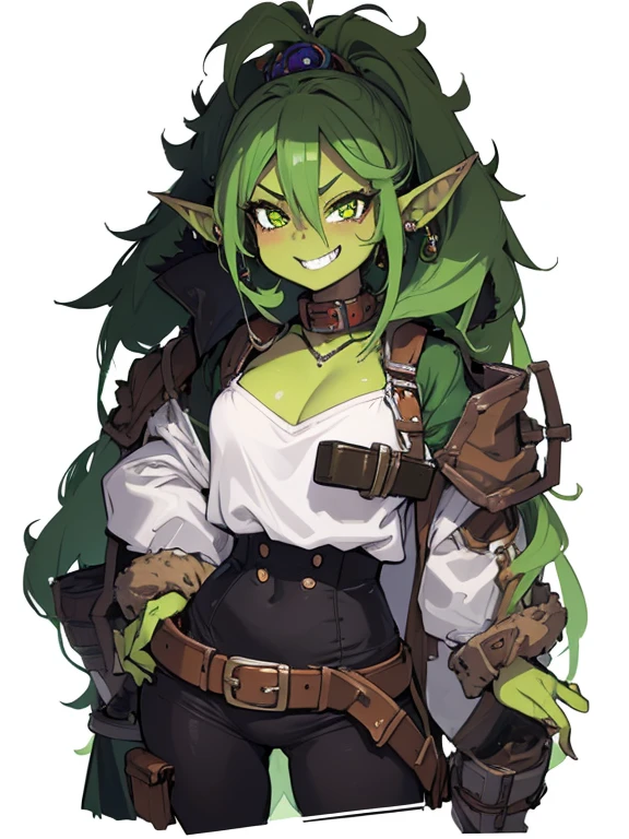 mujer, sexy, color de piel verde, goblin chica, mujer orco, sonrriente, pendientes