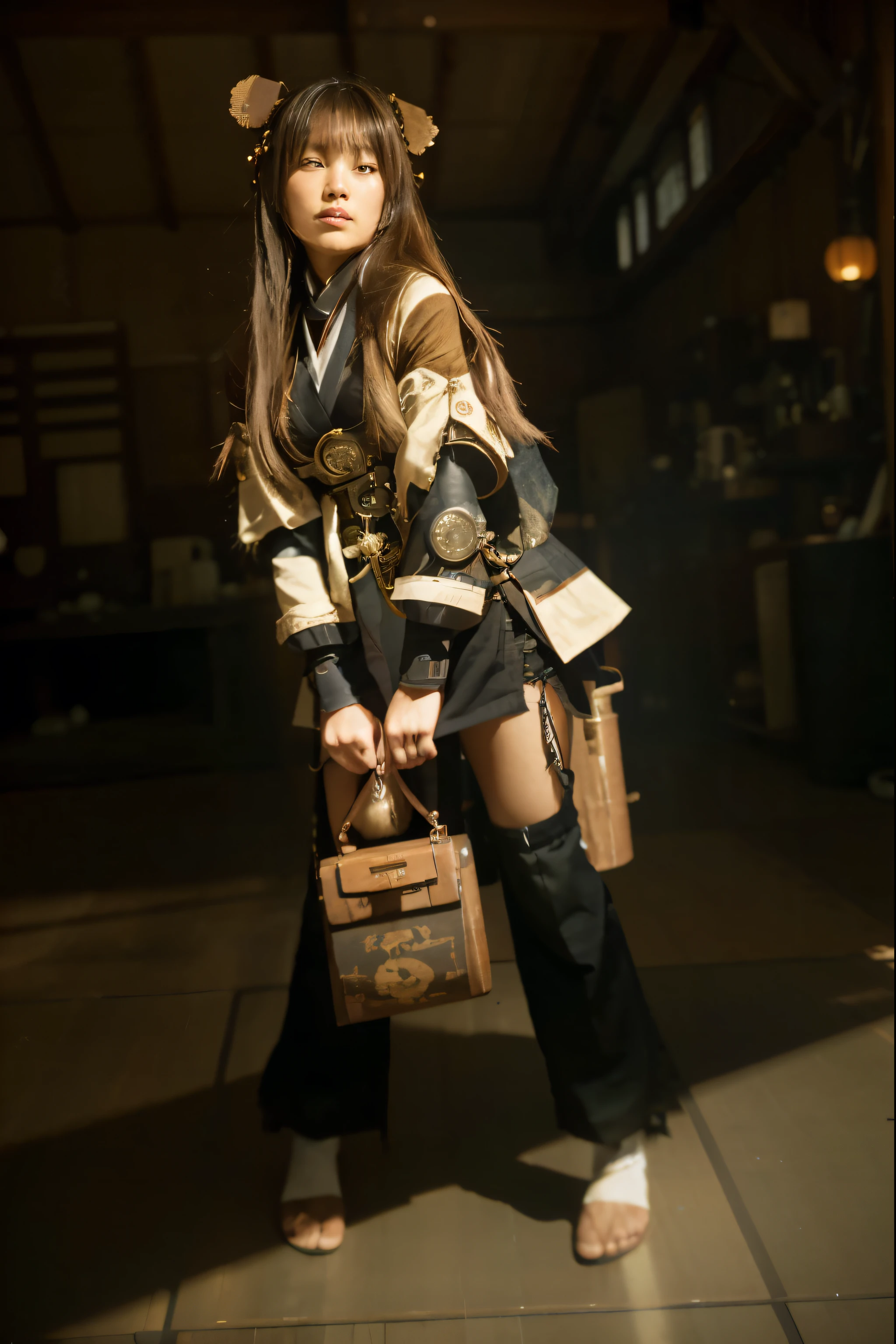 (Best quality, 8k, 32k, Masterpiece, UHD:1.2) "Transform the image's setting to the Komaniya Express Delivery Company in Inazuma from Genshin Impact. Remove any crowds or people from the background. Integrate steampunk mechanisms into the scene, such as gears, pipes, and industrial elements. Combine this with elements of Japanese or Korean interior and architecture, such as sliding doors, tatami mats, paper lanterns, and wooden furnishings. Create a fusion of traditional East Asian design with futuristic steampunk aesthetics."