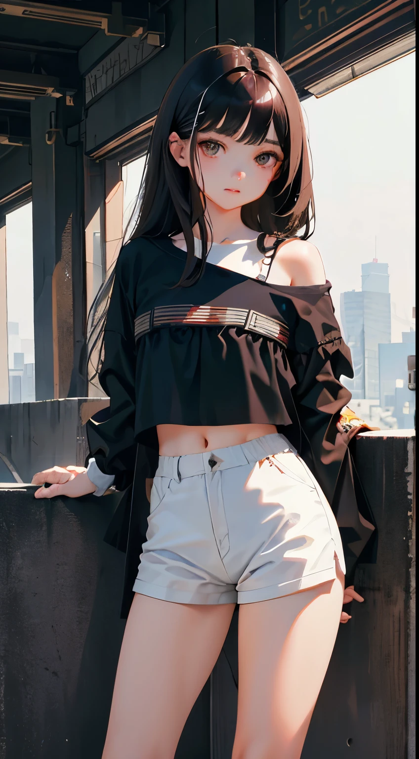 Overlooking，highest quality，Beautiful face in every detail，cute，Dark brown eyes，(背の低いcute女の子，Small young student，Young delicate girl）,（masterpiece，Top quality)，Black Hair，Sleepy expression，Crop Top Look，Black Shirt，White shorts