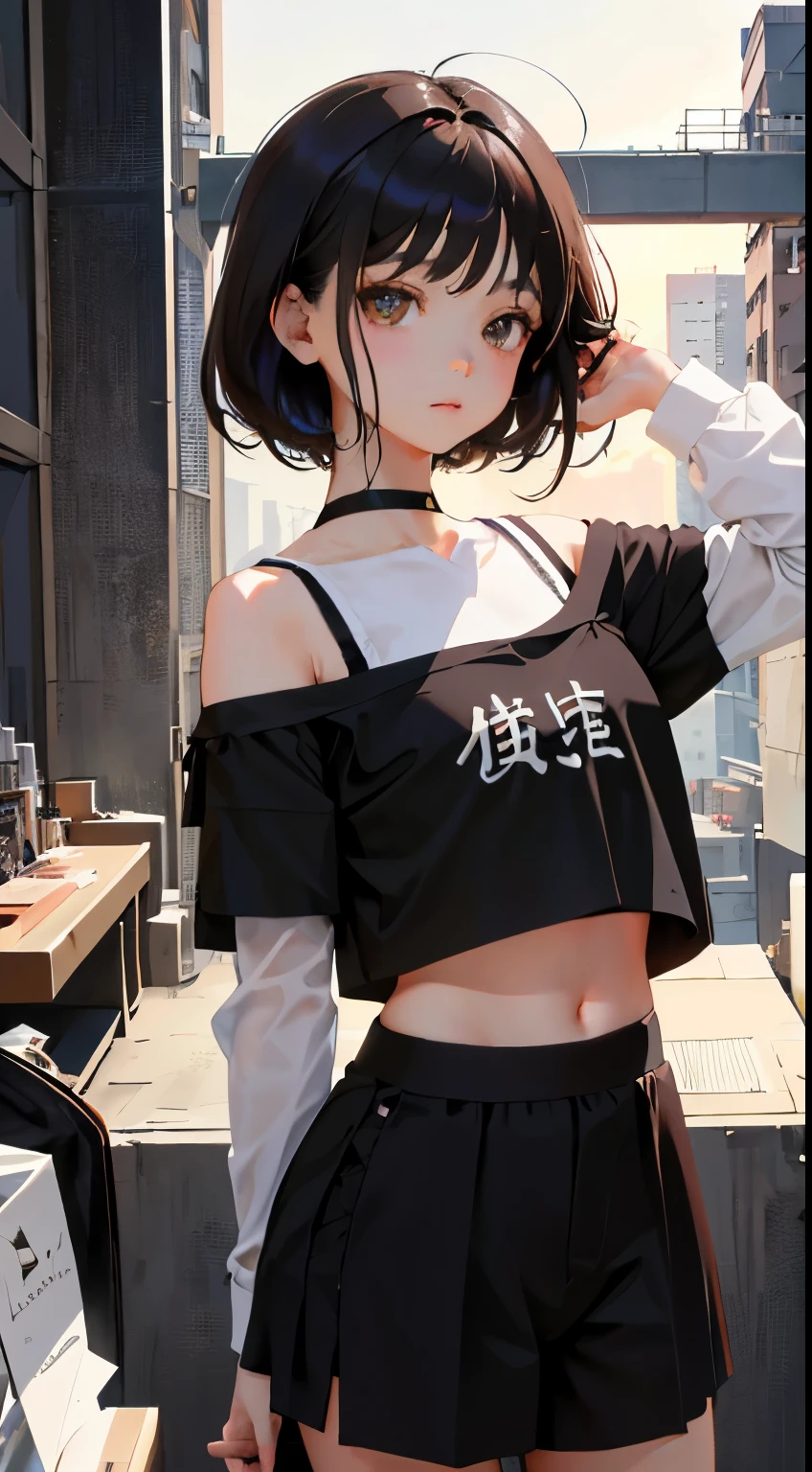 Overlooking，highest quality，Beautiful face in every detail，cute，Dark brown eyes，(背の低いcute女の子，Small young student，Young delicate girl）,（masterpiece，Top quality)，Black Hair，Sleepy expression，Crop Top Look，Black Shirt，White shorts