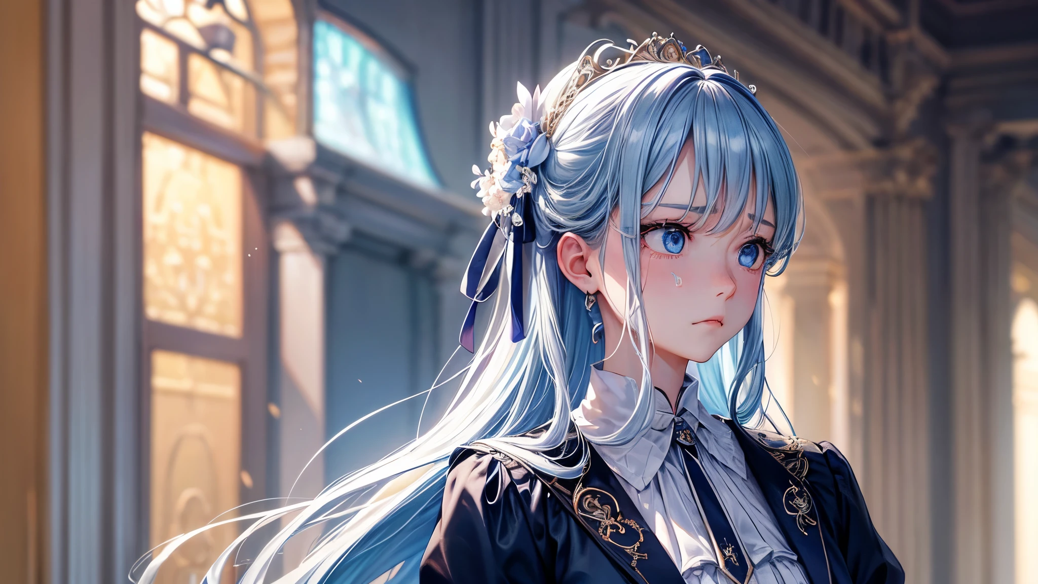 masterpiece, high quality, best quality, beautiful, HD, realistic, perfect lighting, detailed face, detailed text, 1 person, pastel blue long hair, blue eyes, beautiful소녀, suit , (Focused facial expressions : 1.5) (natural face: 1.5), 책상에 앉아 공부 소녀의방 따뜻하고 어두운 분위기 1 person