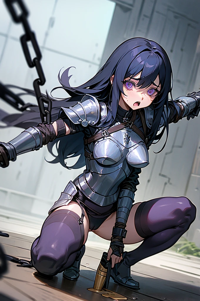 Only One Woman、Black Hair、Purple Eyes、Long Hair、Medium sized breasts、female knight、Wearing black armor、Wearing stockings、garter belt、Urinating in prison、Leaning forward、Spread your legs、Squat positions、Open your arms、shortness of breath、Open your mouth、Watery eye、Spilling urine from the crotch、Front of the body、Handcuffs、Bondage、Suppressed、Bound in chains