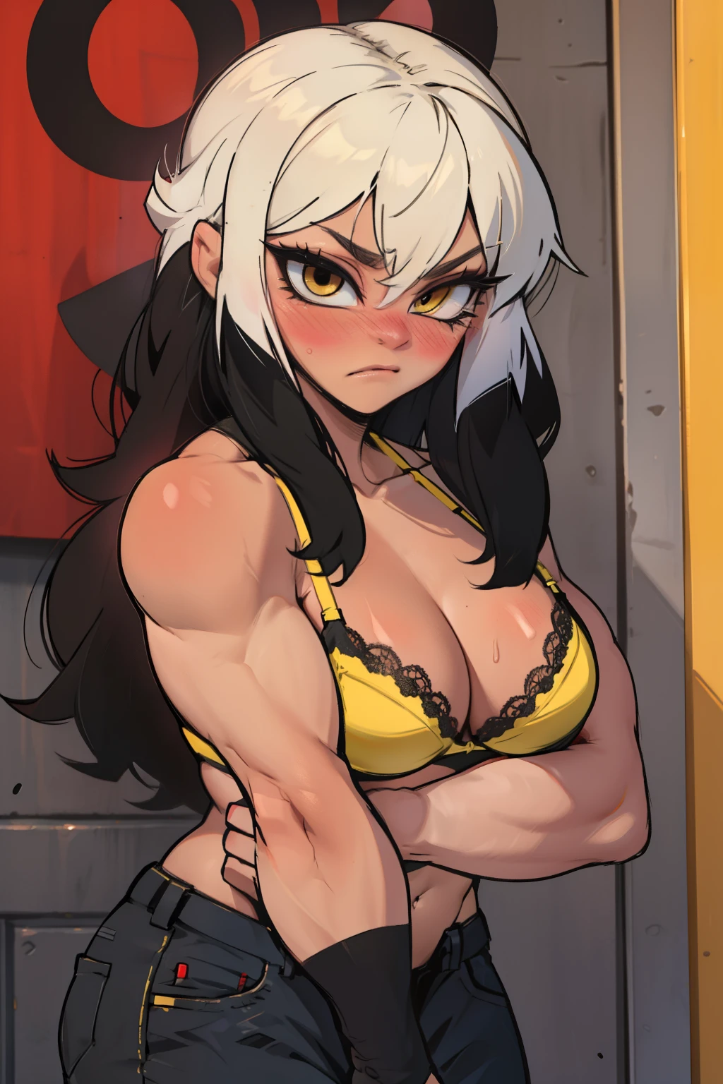 girl muscles huge breasts pale skin black hair yellow eyes blush embarrassed female bra full body