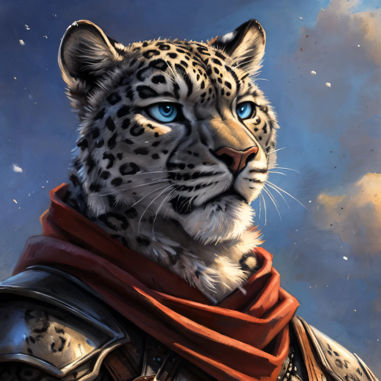 4k, high resolution, best quality, perfect colors, perfect shadows, perfect lighting, bright fill light, ((correct anatomy)), (photorealistic fur, detailed fur, epic, masterpiece:1.2), (by blotch, by kenket, by blackteagan), handsome face, perfect face, (((anthro snow leopard))), blue eyes, muscular build, (tall), (wearing leather armor, leather chestplate, long sleeves, red scarf), closeup, chest-up portrait, fantasy, male, masculine features, clear_skies, low_angle_view, looking_away, (serious_expression), HOGWARTS background