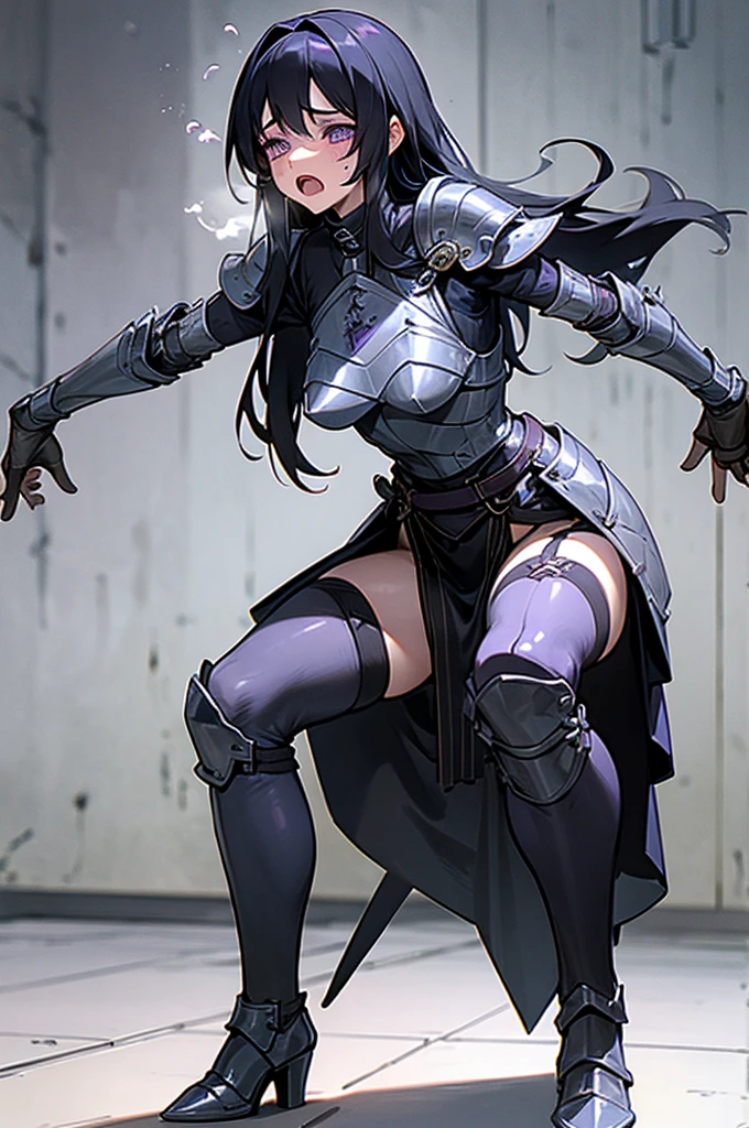 Only One Woman、Black Hair、Purple Eyes、Long Hair、Medium sized breasts、female knight、Wearing black armor、Wearing stockings、garter belt、Urinating in prison、Leaning forward、Spread your legs、Squat positions、Open your arms、shortness of breath、Open your mouth、Watery eye、Spilling urine from the crotch、Front of the body