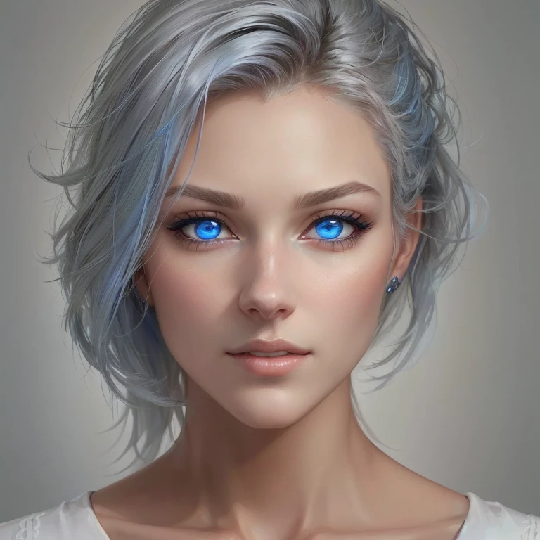 a woman with dark blue eyes and a white shirt, Girl with silver hair, stunning anime face portrait, digital fantasy portrait, a portrait of a girl with blue eyes, Close-up character portrait, artgerm portrait, realistische digitale Malerei, hellgrau-blaue Augen, Realistische digitale Kunst 4 K, Realistische digitale Kunst 4K, realistischer Kunststil, blonde Haare und blaue Augen