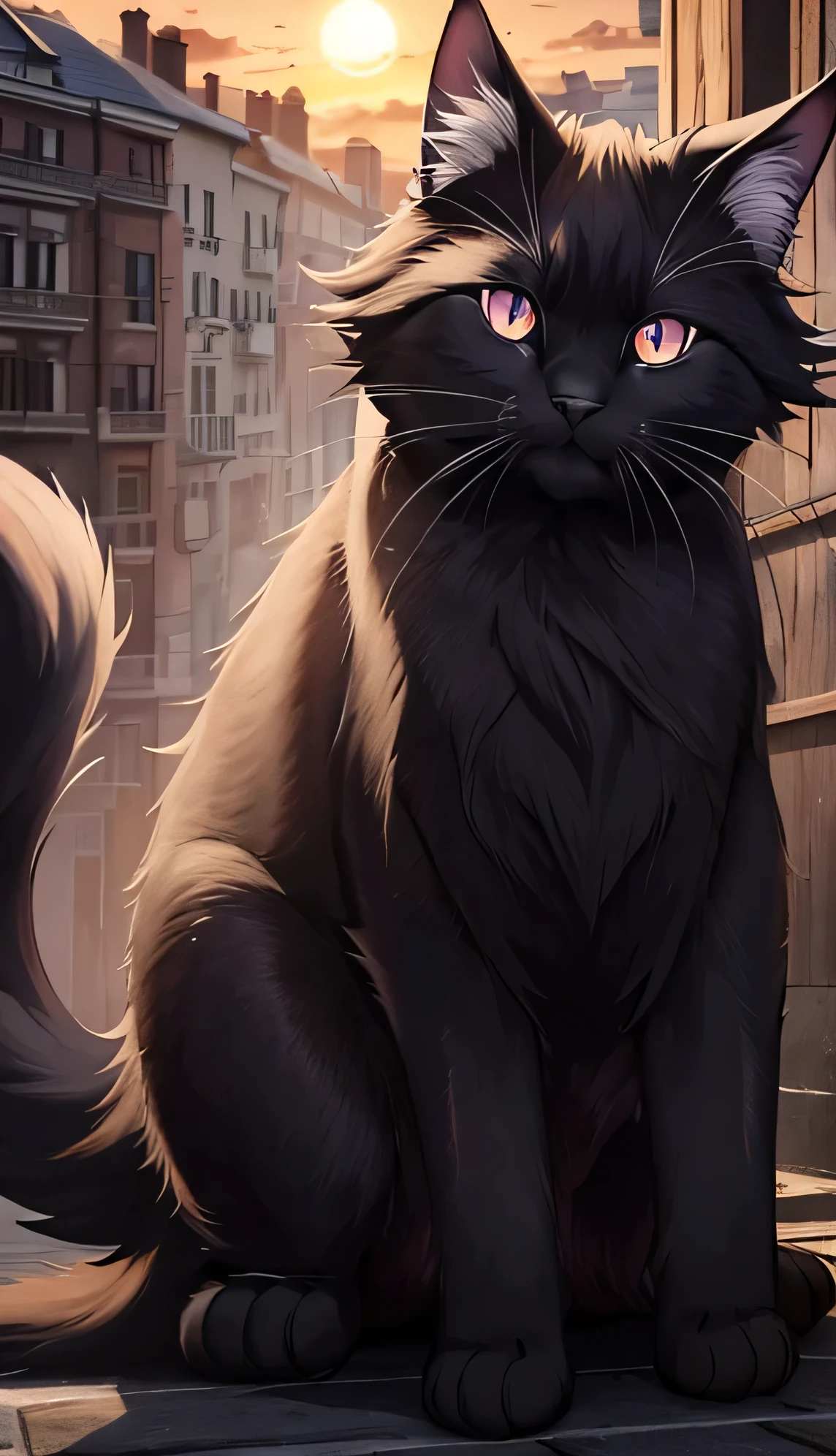 Black cat, purple eyes, sunrise, looking at viewer, 2d animation, A detailed face、Detailed hand、detailed legs, dramatic lighting, (detailed fluffy fur:1.1), looking at viewer,