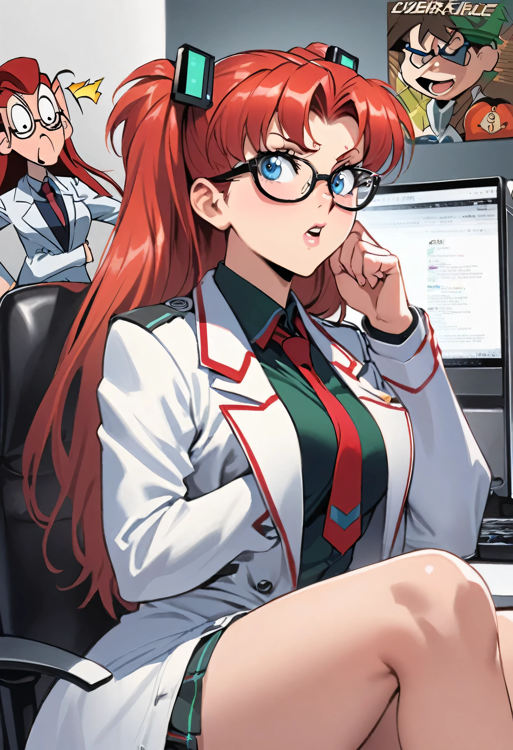 woman in glasses and white coat, white scientist coat in front of a computer, nerd appearance, professional cosplay, artgerm and lois van baarle, nerd, gama murata and artgerm, cyber school girl, Asuka Langley Sohryu, Artgerm JSC, 1 girl, alone, johnny test's older sister, big square eyes, red hair, ager, nerd, smart, tsundere, #Anime, Perfect fair skin, ultra quality, artwork, high quality, beautiful, sexy face, pretty , sexy waist, sexy hips, Perfect legs, tight slit, Facing the camera #sexy #inpainting #Base Model #naked #nudes #Fri #Oppein #erotic pose #girls #hentai