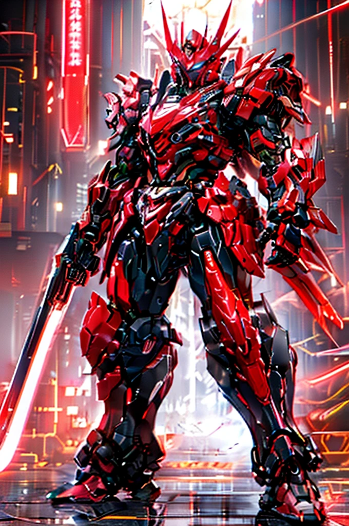 ((Best Quality)), ((Masterpiece)), (Very Detailed: 1.3), 3D, samurai-mecha, a cyberpunk samurai mecha carrying a big katana, sci-fi technology, HDR (High Dynamic Range), ray tracing, nvidia RTX, super resolution, unreal 5, subsurface scattering, PBR texture, post-processing, anisotropic filtering, depth of field, maximum sharpness and sharpness, multi-layer texture, specular and albedo mapping, surface shading, accurate simulation of light-material interactions, perfect proportions, octane rendering, duotone lighting, low ISO, white balance, rule of thirds, wide aperture, 8K RAW, high efficiency subpixels, subpixel convolution, light particles, light scattering, Tyndall effect, (((battle pose))), full body, red colored, painting brush style