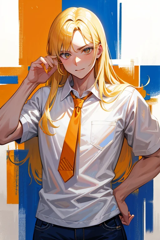 A perfect portrait of a blonde europian guy with positive canthal tilt, sharp eyes, orange pupils, wearing white shirt, jeans