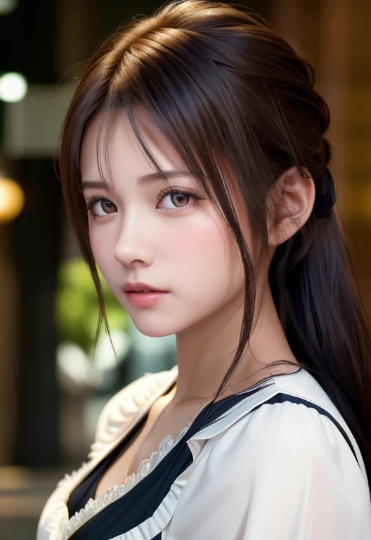 8K, of the highest quality, masutepiece:1.2), (Realistic, Photorealsitic:1.37), of the highest quality, masutepiece, Beautiful young woman, Pensive expression, Thoughtful look, Cute Maid Clothes, Hair tied back, Messy mood, Cinematic background, Tired, Light skin tone