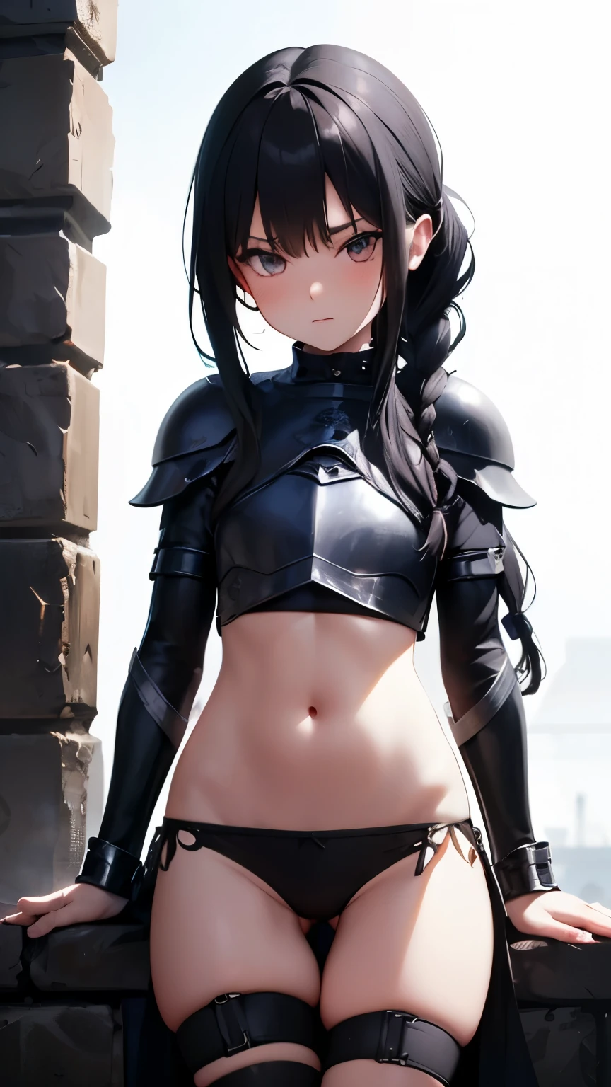 Ultra realistic   girl 8 ,    body , skinny , long black hair braided , knight armour medieval ,  seios  planos  , pantie , garterbelt  meias  longas , menacing  face , sexy  , dark dungeon  . Dark wallpaper. 