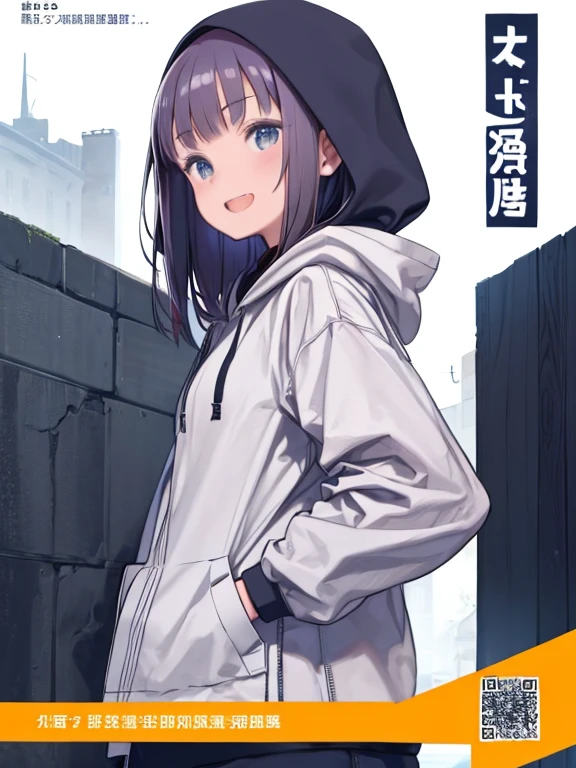 masterpiece、highest quality、High resolution、Very detailed、Medium wide shot、Girl、hoodie、Cover your head with a hood、Put your hands in your pockets、Colorful clothes、laughing、teeth、In town、