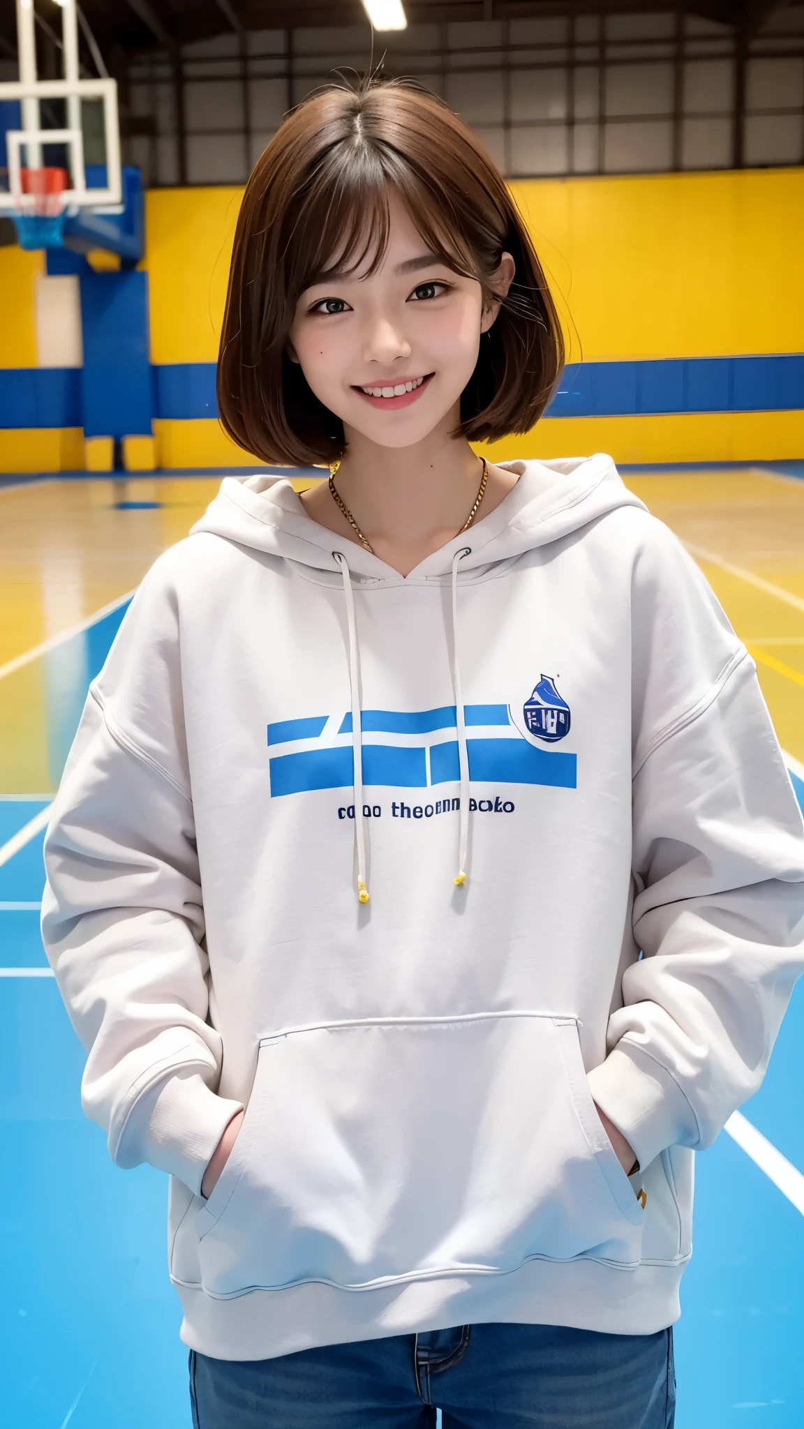 Asian、Cute girl、Brown Hair、Short Hair、Blue Eyes、smile、White skin、Yellow sweatshirt、Basketball court in a large gymnasium、