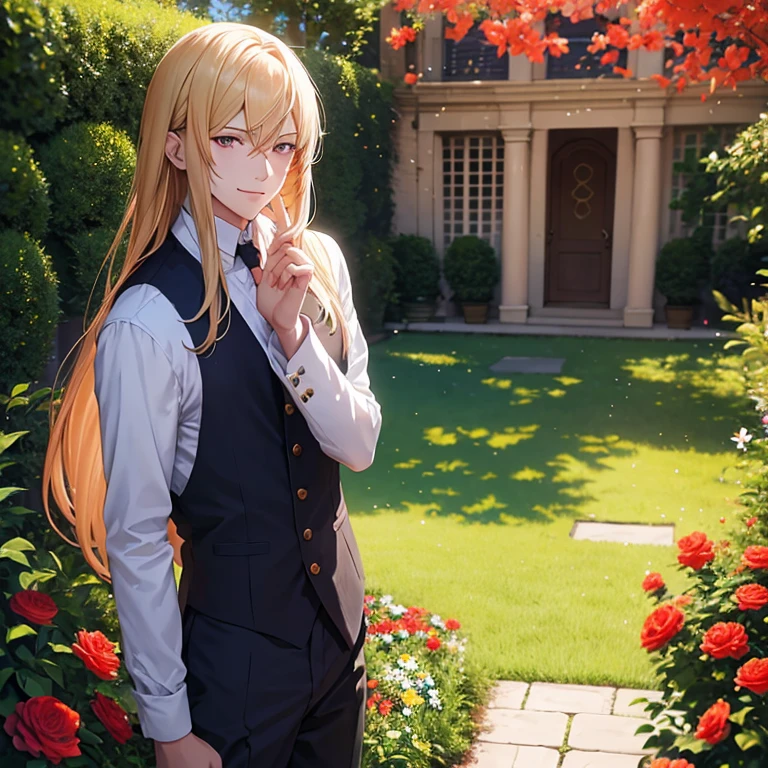1 Man, long hair, blonde hair, red eyes, summer clothing, 8k, Masterpiece, looking at viewer, ultra-sharp, Man, sunlight, in the garden, Temple, Cool, Boy, 5 fingers, garden background. Florist man Smile, beautiful man.