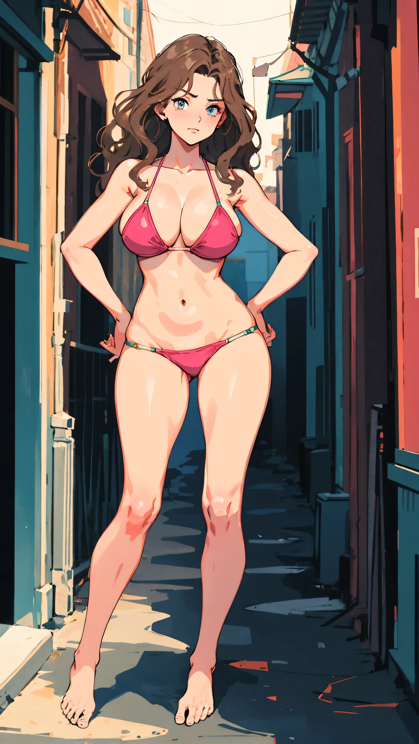 Masterpiece, best quality, Masterpiece, best quality, 1 woman, wavy brown hair, sly face , pink bikini , big breasts , Long legs , hands on hips , Barefoot , alley