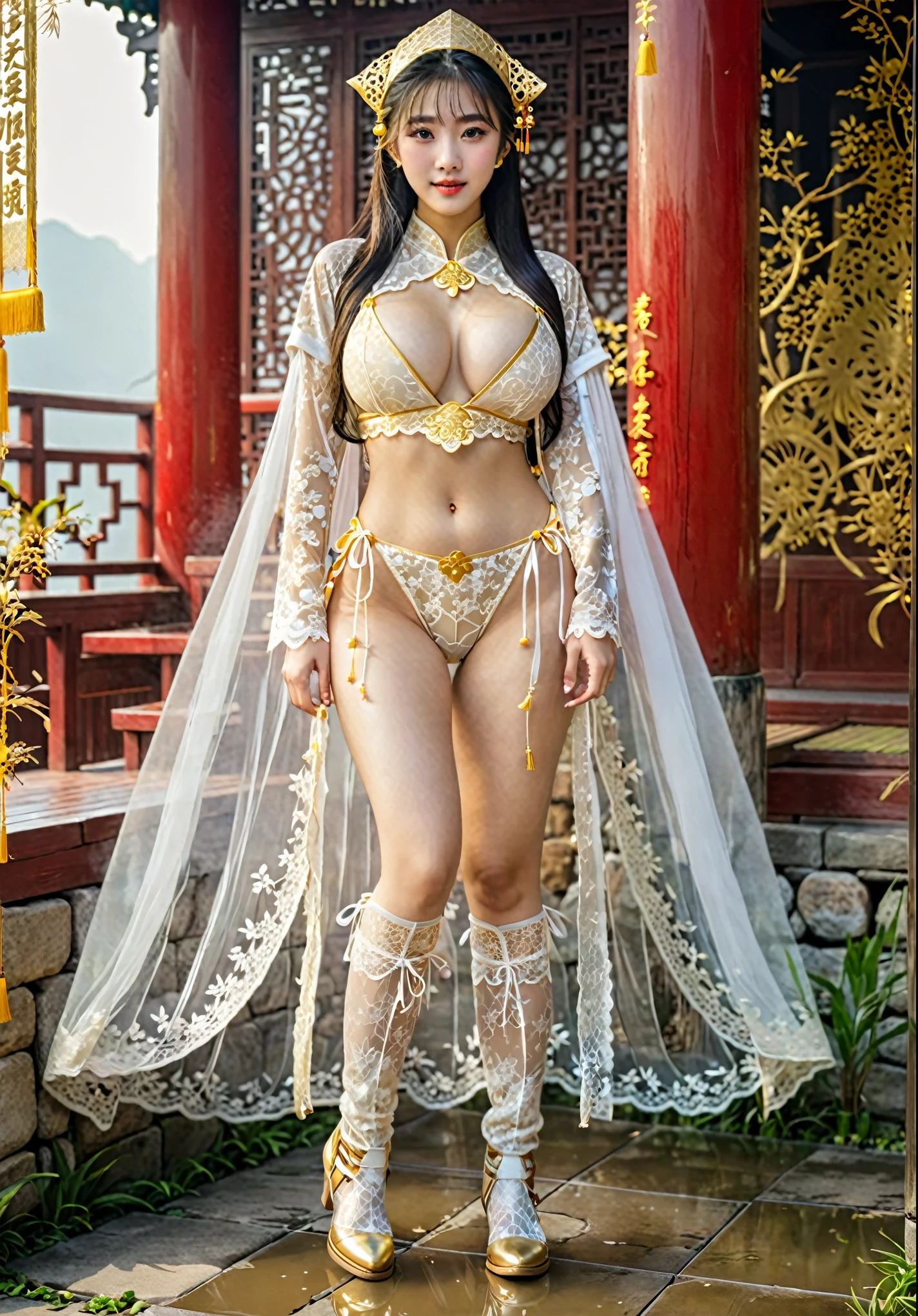 She looks like a very shy girl,full body xianxia, Princess Diaoman, Sexy golden bikini underwear,Chinese Hanfu,, All-over lace,Lace panties, Lace top,Nearly transparent,Golden underwear,Long-legged girl,Put on your boots,White boots,Huge breasts,Put on your hat,fantasy服装, Put on a priest's cloak, pink cloak, lace cape,穿着fantasy服装, Standing on the street,For the audience,Real 8000g,Impeccable,masterpiece,Professional artwork,masterpiece,Light,Movie Bloom,Perfect face,Pretty Face,fantasy,Dreamy and magical,not real,Intricate details,beautiful pattern