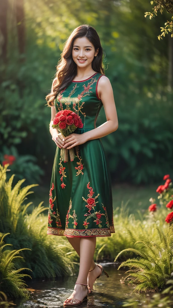(Masterpiece:1.4), CG Unity 8k walpaper, ((Realistic: 1.2)), Ray Tracing, k, Beautiful 22 years girl, Asian realistic girl, Ultra Realistic, ultra HD, 1 girl, golden hair, long hair, ponytail, standing, abandoned in a forest, Green Plants, Rain forest, soft lighting, realistic, SMOOTH FACE, full body photo, ((luxury Red embroidered bridesmaid above knee length dress)), ((luxury fully heavy worked embroidery dress)), perfect eyes, Beautiful smile, ((smile: 1.2)), Stylish look, sexy angles, realistic Skin, Perfect young body, Young figure , detailed background, Detailed skin, detailed dress, Long Golden hair, cinematic lighting, cinematic Photography, High resolution Dress Quality, High resolution picture quality,