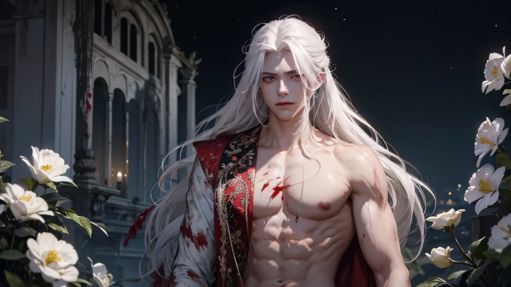 A young man with a slightly effeminate face and long white hair, bathing in blood at night in the moonlight, his silver eyes illuminated by the moonlight, NO CLOTHING, red and white flowers, ruins, greenery, nature, a detailed face, a detailed body, detailed eyes, black eyebrows, lots of blood.