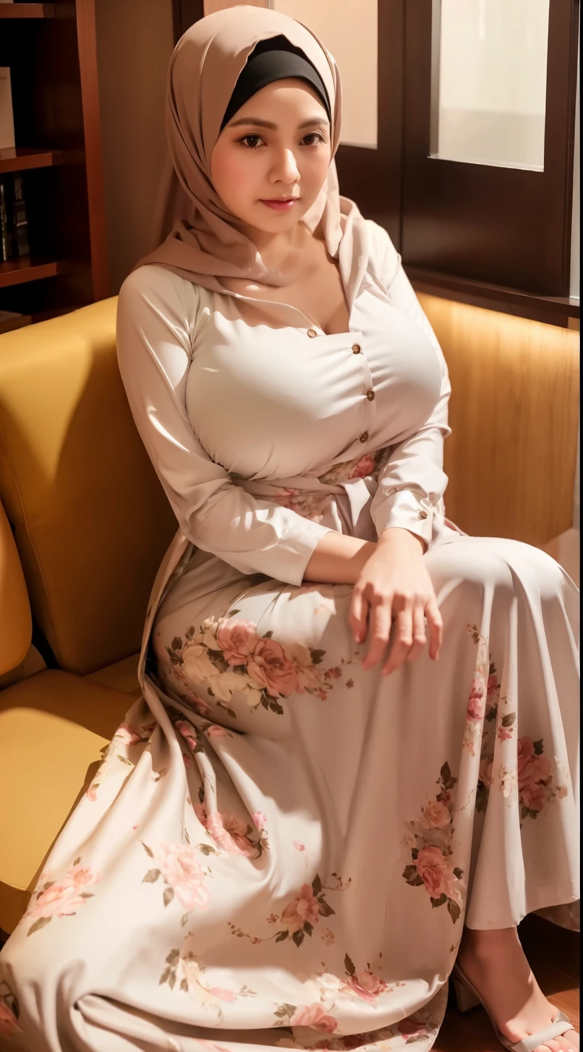 50 years Old, Hijab Indonesian mature woman, Big Tits : 66.9, Gamis, Breast out from her clothes : 1.9, at doctor office, Dark light, at Nighttime