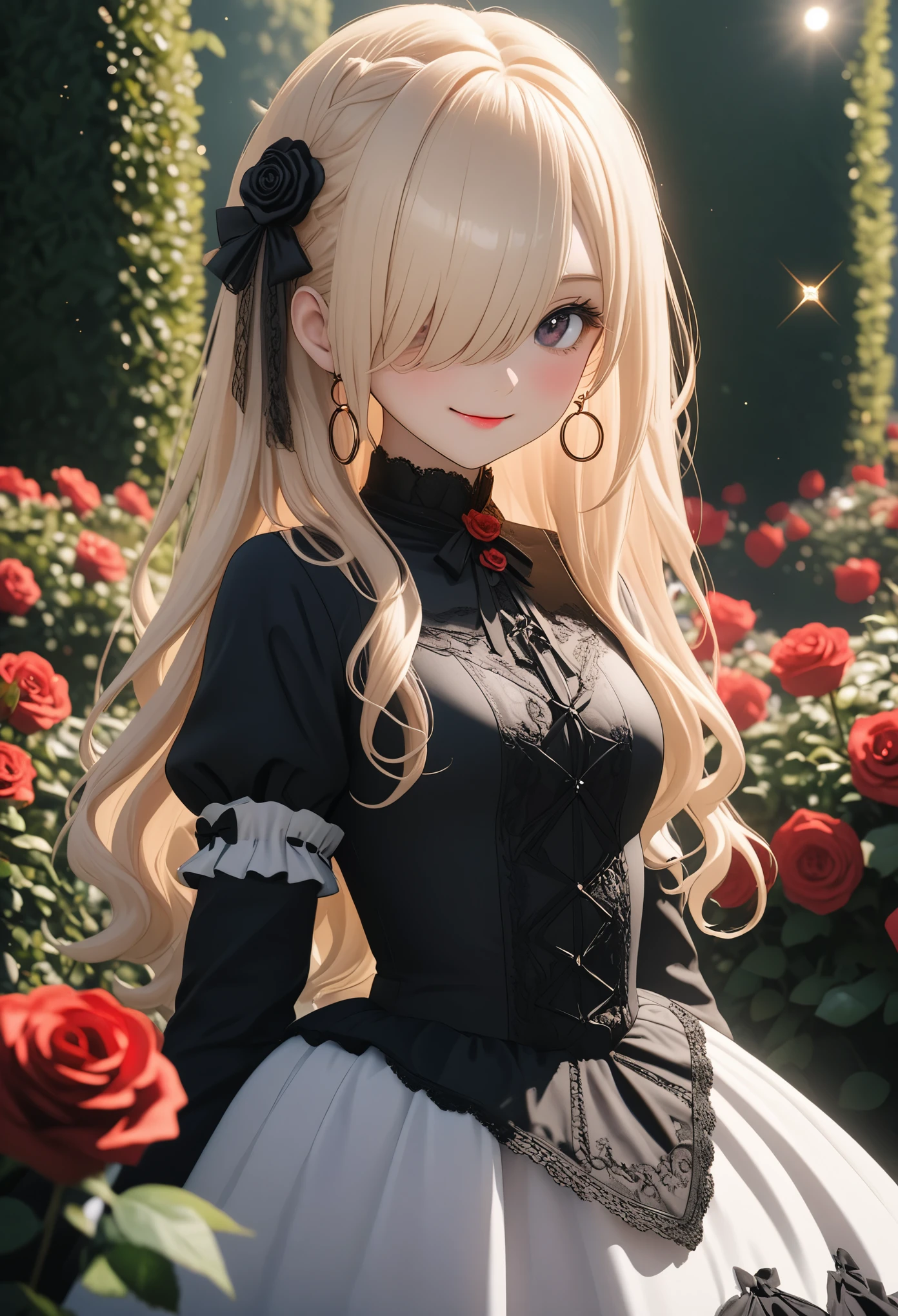 ((Masterpiece)), (Anime:1.5), ((best quality)), (RAW photo:1.2), (High Definition:1.3), (Professional Photography:1.2), (chromatic aberration), 1girl, lens flare, wide shot, Textured skin, cinematic lighting, 1girl, ((Beautiful Gothic Lolita pure-white-Dresses)), (very hoop-dress), Luxury roses embroidery, cute innocent young girl, ((hair over one eye)), Slender and small breasts, (long silky blond hair), (gothic lolita makeup), (super detail), beautiful hair, smile, (cute sparkle), Light particles, stand in beautiful Fantastic garden, (red roses garden)