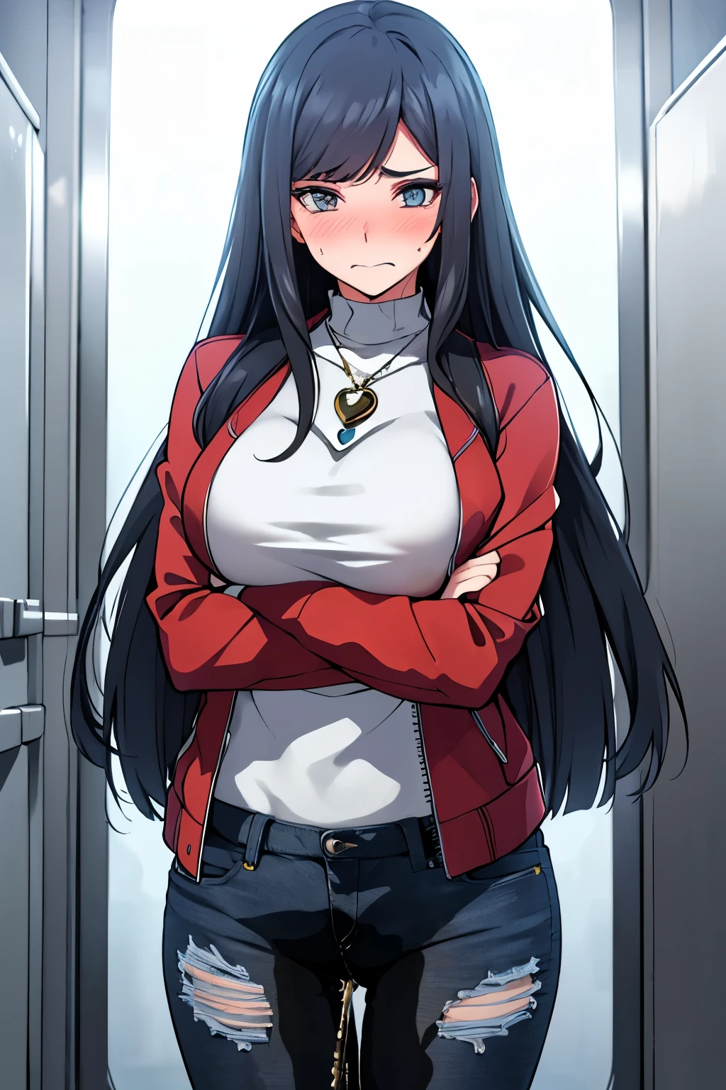 A woman with very long black hair and (very long bangs:1.5), wearing a stylish jacket and tight jeans, standing. The artwork is inspired by manga and incorporates a doujin style. The woman appears to be (wetting herself:1.5), which causes her to feel embarrassed and humiliated, resulting in a blush on her face. In addition, there is an air of anger in her expression. The lighting in the scene is moody, with a spotlight highlighting the woman's figure. She is crossing her arms, (arms crossed:1.5), fully showcasing her jeans., large breasts