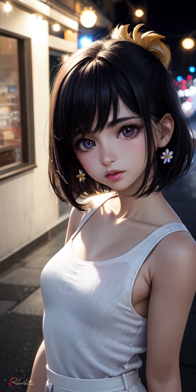 (Half Body Shot,Street lamp,moon),masterpiece, One Girl, Solo Exhibitions, Beautiful woman with small breasts, nightのビーチ, Beautiful Goddess Girl Portrait, Beautiful and elaborate face, Porcelain-like skin, (((Bust Shot, center, night, Black Hair, short hair)), Very soft lighting, Full Shot,Symmetric, complicated, Grace, Attention to detail, realism, art, concept art,White clothes