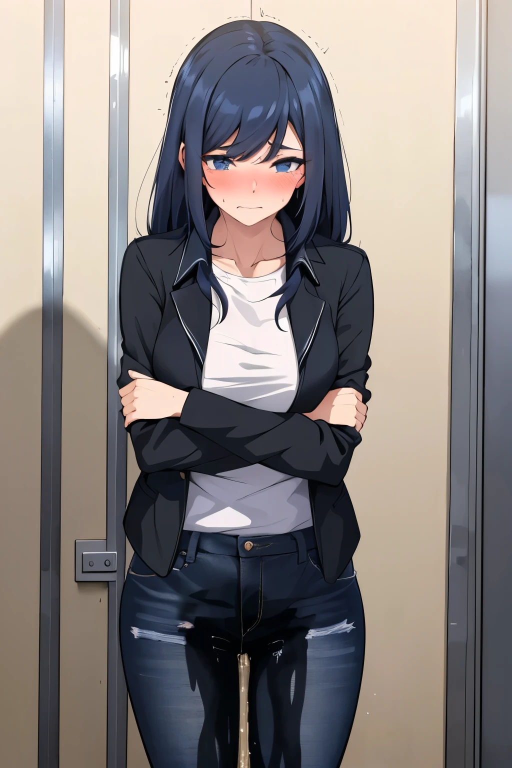 A woman with very long black hair and (very long bangs:1.5), wearing a stylish jacket and tight jeans, standing. The artwork is inspired by manga and incorporates a doujin style. The woman appears to be (wetting herself:1.5), which causes her to feel embarrassed and humiliated, resulting in a blush on her face. In addition, there is an air of anger in her expression. The lighting in the scene is moody, with a spotlight highlighting the woman's figure. She is crossing her arms, (arms crossed:1.5), fully showcasing her jeans., medium breasts