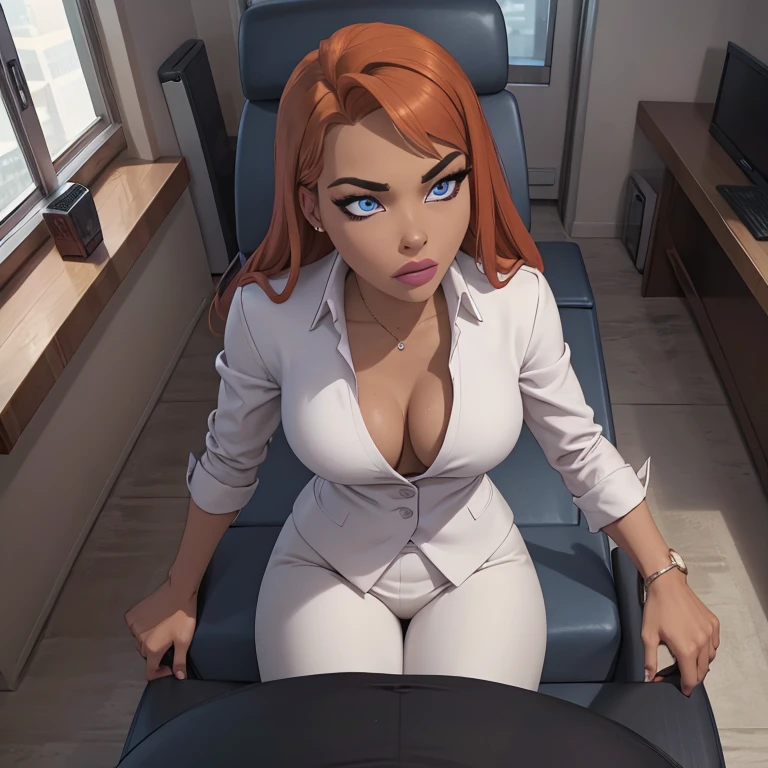 (masterpiece, high quality) woman, formal business suit, shirt, pants, solo , looking at viewer, perfect face, suits tan, tan colour, white shirt,sexy breasts,fit super model body, fit_business_suit s, crystal blue eyes, eyelashes, makeup, skyscraper, full body, she is the boss, ultra quality 4k, super confident, sit like the boss, [From Below, Looking Up][Modern Office Setting]