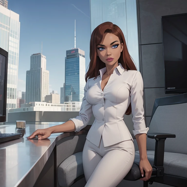 (masterpiece, high quality) woman, formal business suit, shirt, pants, solo , looking at viewer, perfect face, suits tan, tan colour, white shirt,sexy breasts,fit super model body, fit_business_suit s, crystal blue eyes, eyelashes, makeup, skyscraper, full body, she is the boss, ultra quality 4k, super confident, sit like the boss, [From Below, Looking Up][Modern Office Setting]