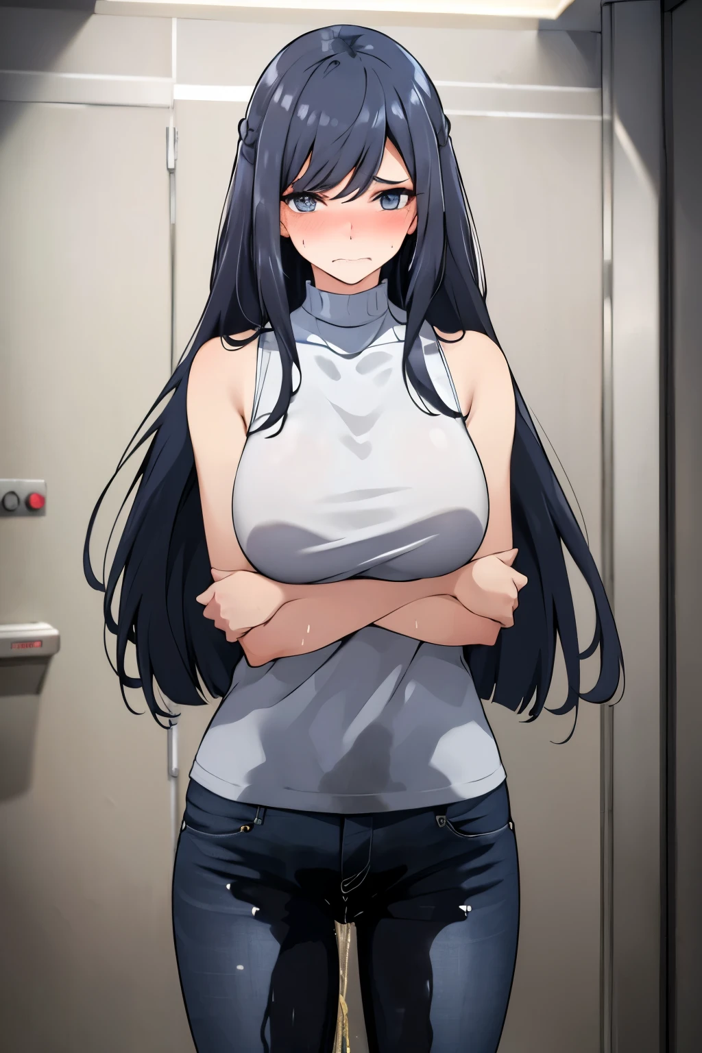 A woman with very long black hair and (very long bangs:1.5), wearing a stylish jacket and tight jeans, standing. The artwork is inspired by manga and incorporates a doujin style. The woman appears to be (wetting herself:1.5), which causes her to feel embarrassed and humiliated, resulting in a blush on her face. In addition, there is an air of anger in her expression. The lighting in the scene is moody, with a spotlight highlighting the woman's figure. She is crossing her arms, (arms crossed:1.5), fully showcasing her jeans., large breasts