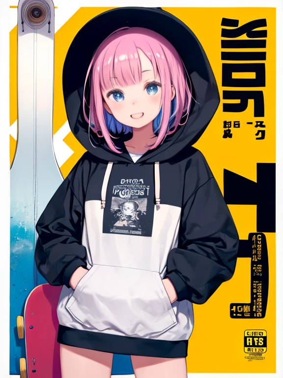 masterpiece、highest quality、High resolution、Very detailed、Medium wide shot、Girl、hoodie、Cover your head with a hood、Put your hands in your pockets、Colorful clothes、laughing、teeth、In town、Have a skateboard、