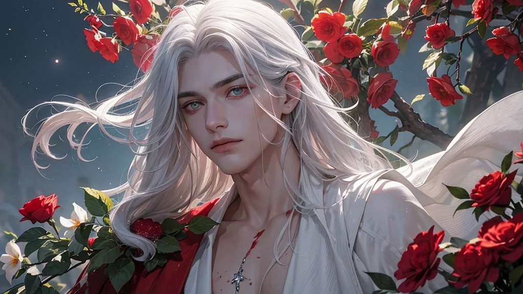 A young man with a slightly effeminate face and long white hair, bathing in blood at night in the moonlight, his silver eyes illuminated by the moonlight, NO CLOTHING, red and white flowers, ruins, greenery, nature, a detailed face, a detailed body, detailed eyes, black eyebrows, lots of blood.