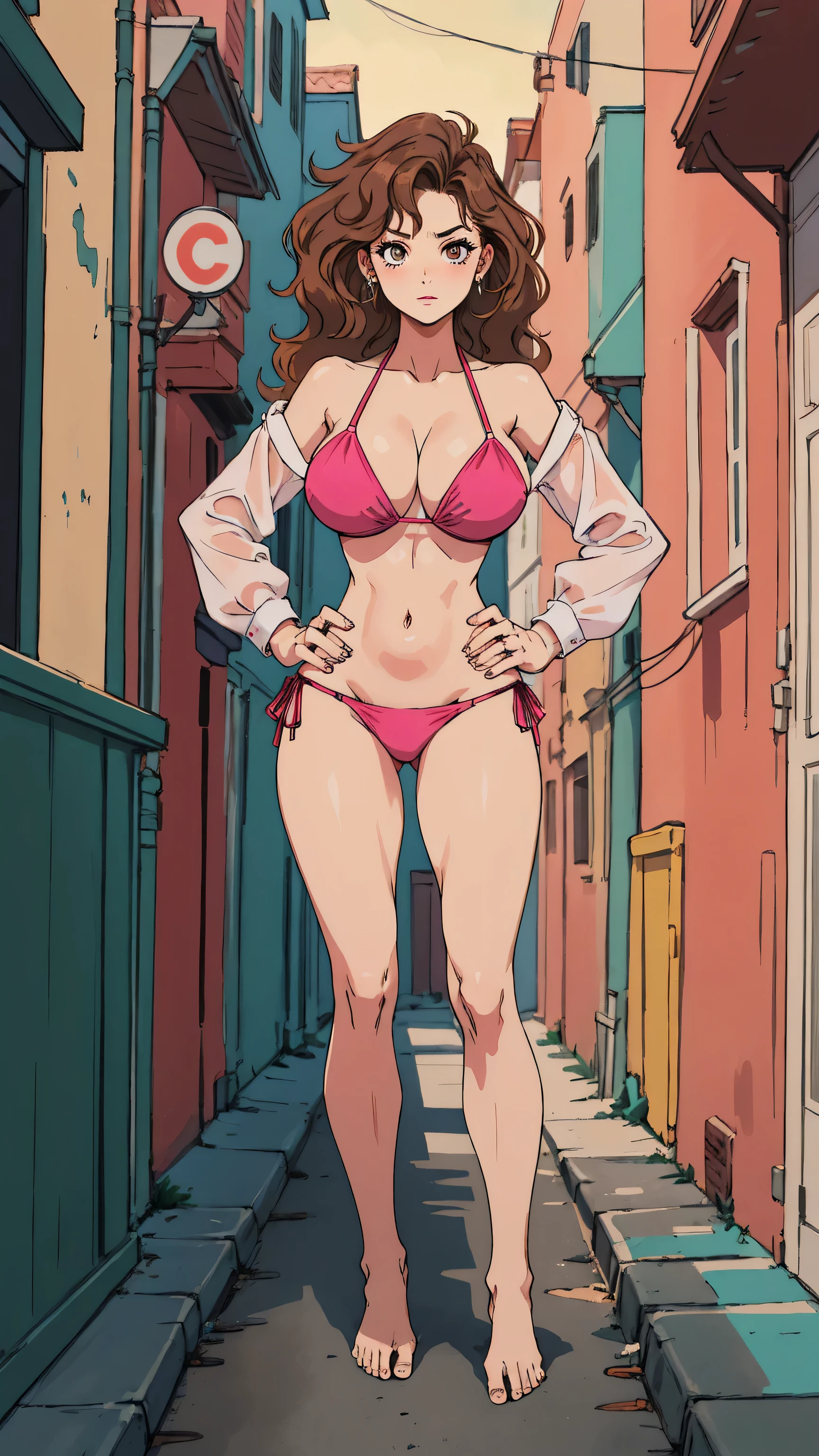 Masterpiece, best quality, Masterpiece, best quality, 1 woman, wavy brown hair, sly face , pink bikini , big breasts , Long legs , hands on hips , Barefoot , alley