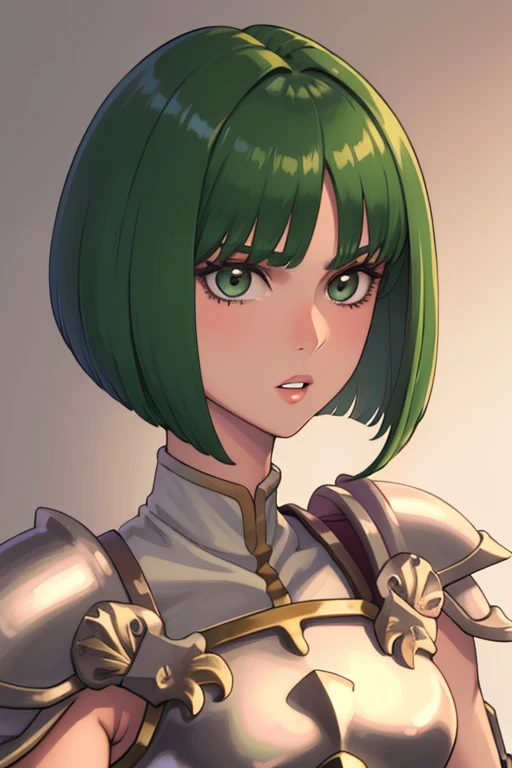 masterpiece, best quality, 1girl, solo, dithorba, shoulder armor, breastplate, close-up, parted lips, bob cut, parted bangs,