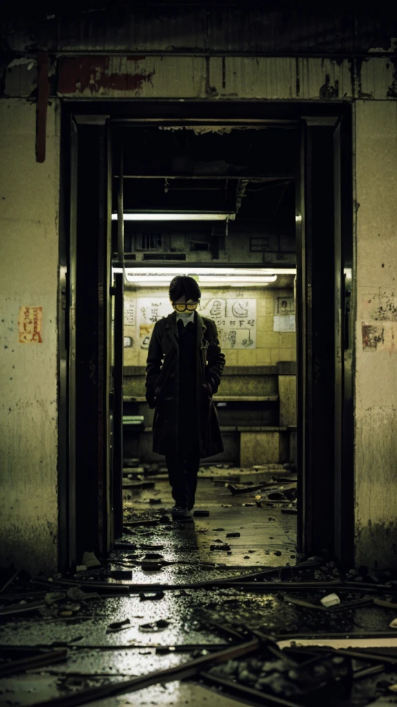 subway,Showa,Collapse,Devastation,Inside the ruins,Glasses,Women,adventure,Black and White,